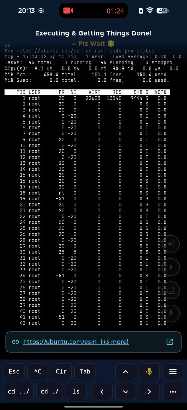 A live process viewer running in the ShellSage terminal after the user approved the AI suggested command.