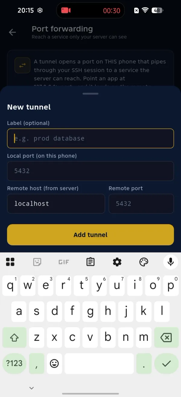 The New tunnel form with label, local port, remote host and remote port fields