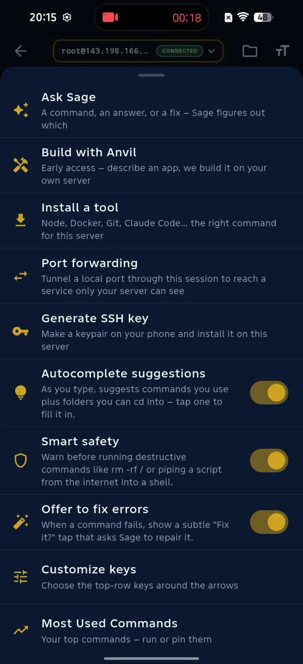 The ShellSage terminal menu showing the Port forwarding option