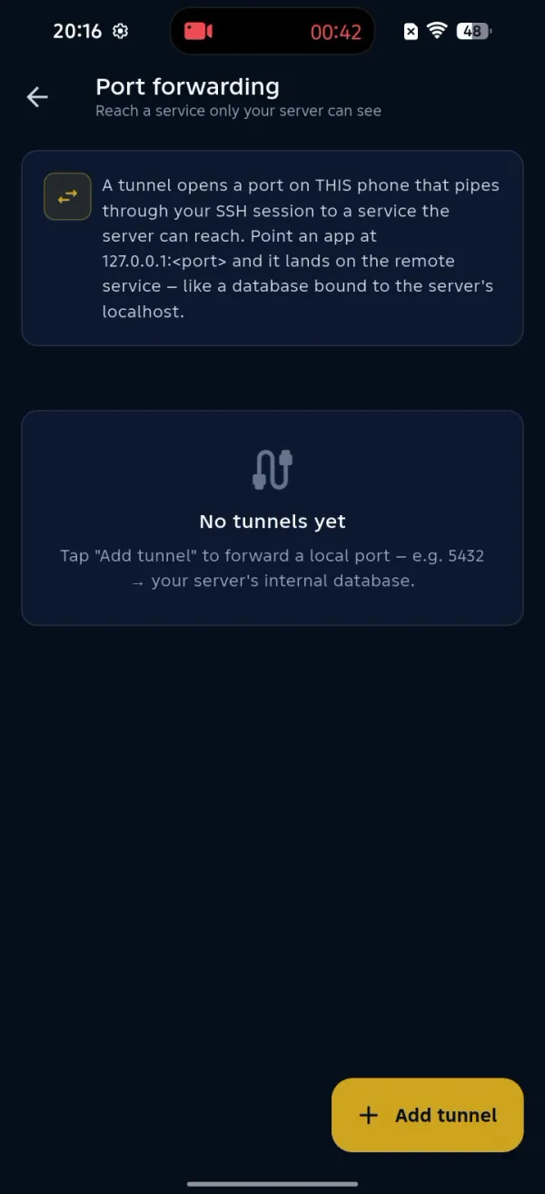 The ShellSage Port forwarding screen with the tunnel explainer and Add tunnel button