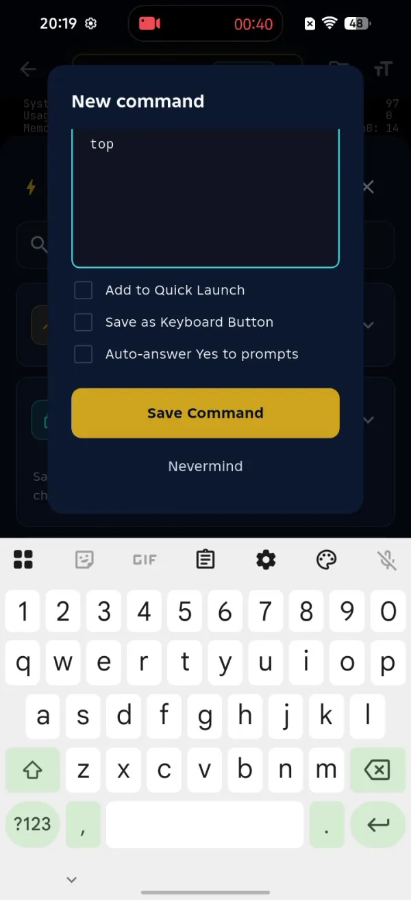 Save your own custom command - name it, optionally add it to Quick Launch, a keyboard button, or auto-answer Yes.