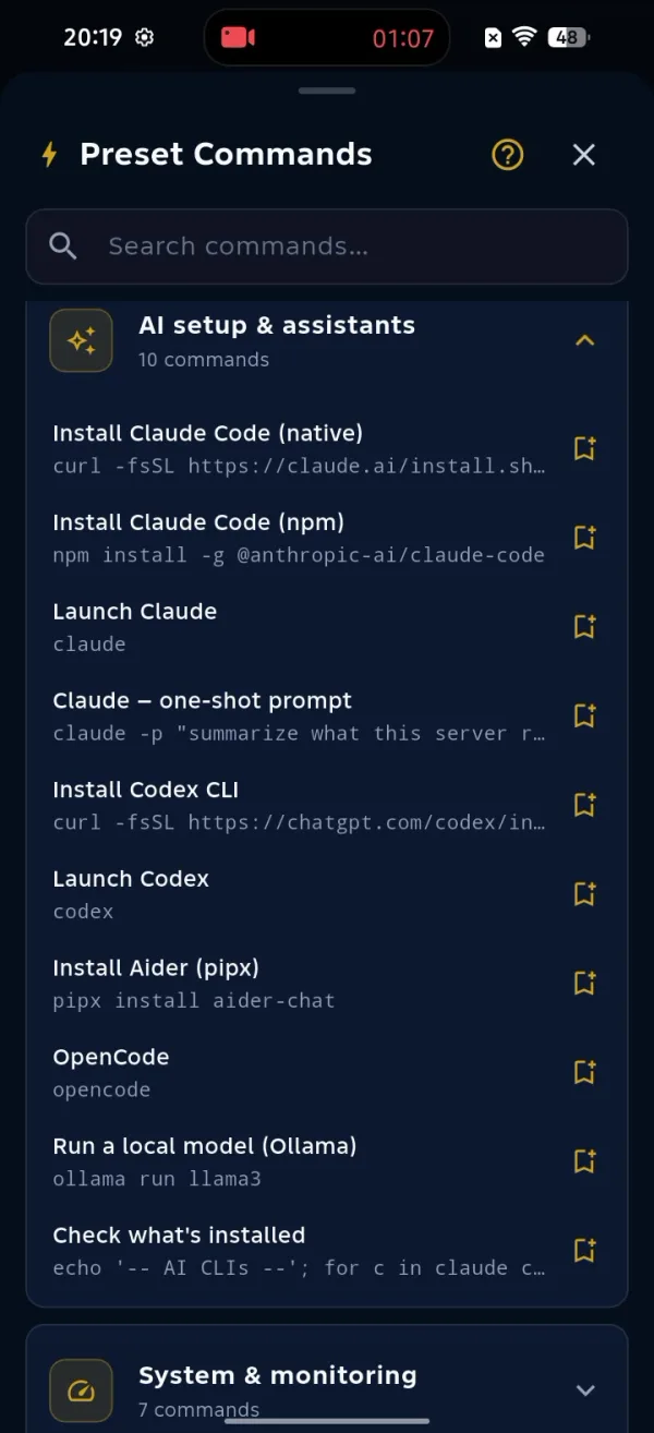 The Preset Commands library, with a search bar and categories like AI setup & assistants.