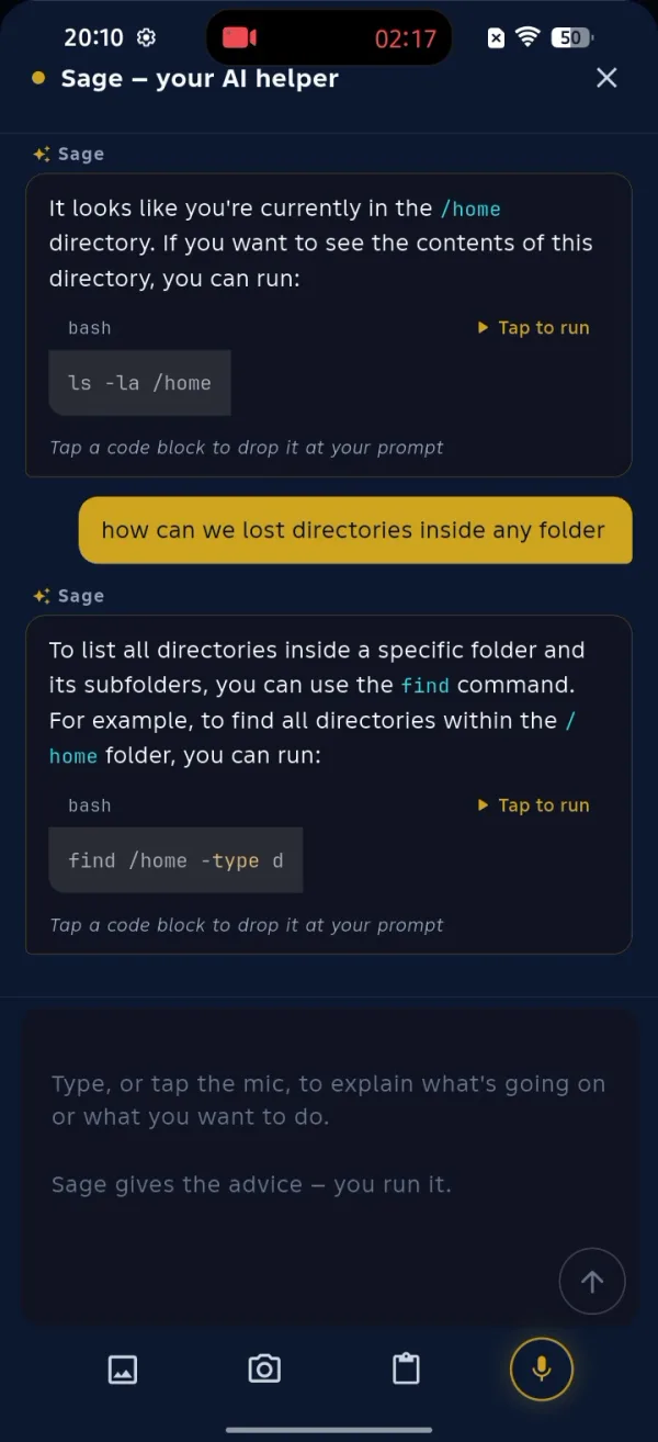 ShellSage Ask Sage AI helper suggesting ls and find commands with a Tap to run button on mobile