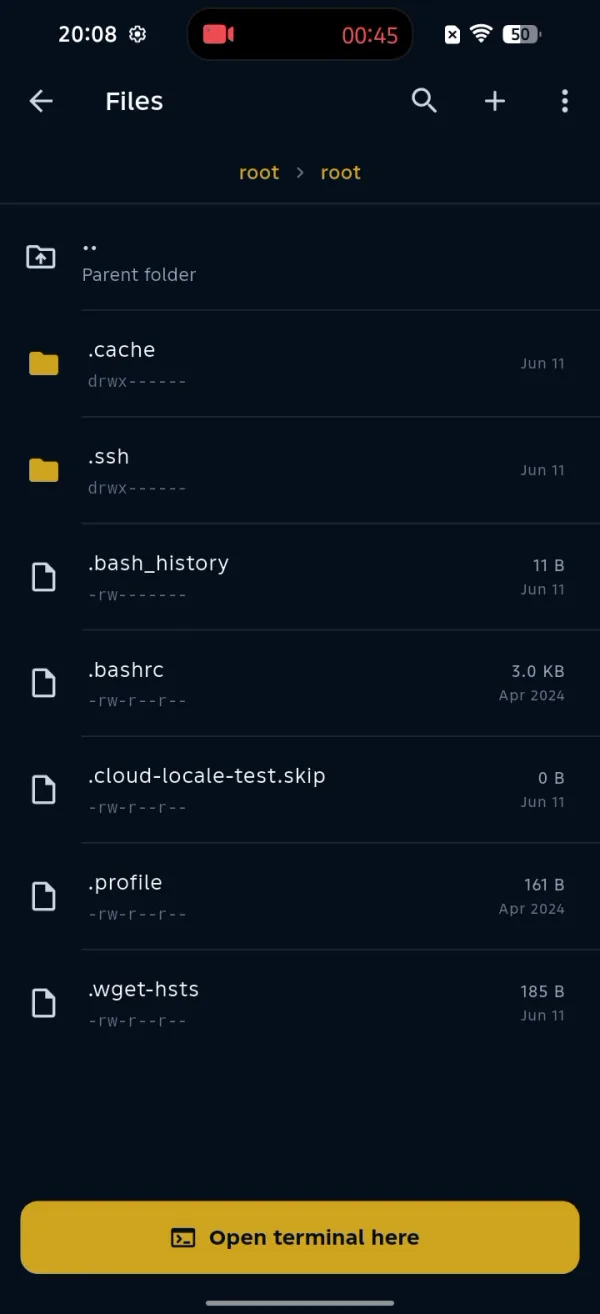 ShellSage SFTP file browser on mobile listing server folders and files with permissions, sizes and dates