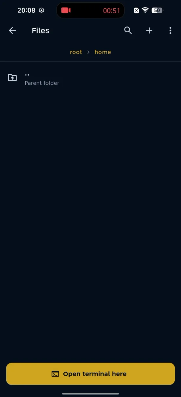 ShellSage SFTP browser navigated into the home directory with a breadcrumb and Open terminal here button
