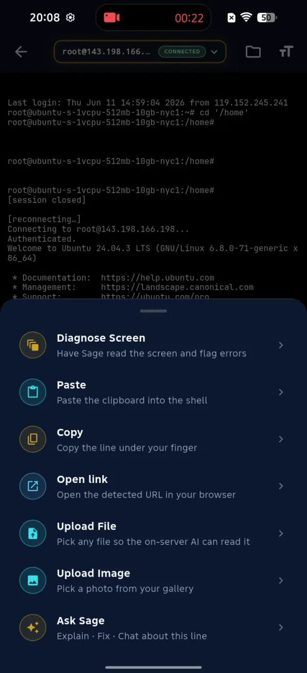 ShellSage terminal long press quick actions menu showing Upload File, Upload Image, Paste, Copy and Ask Sage on mobile