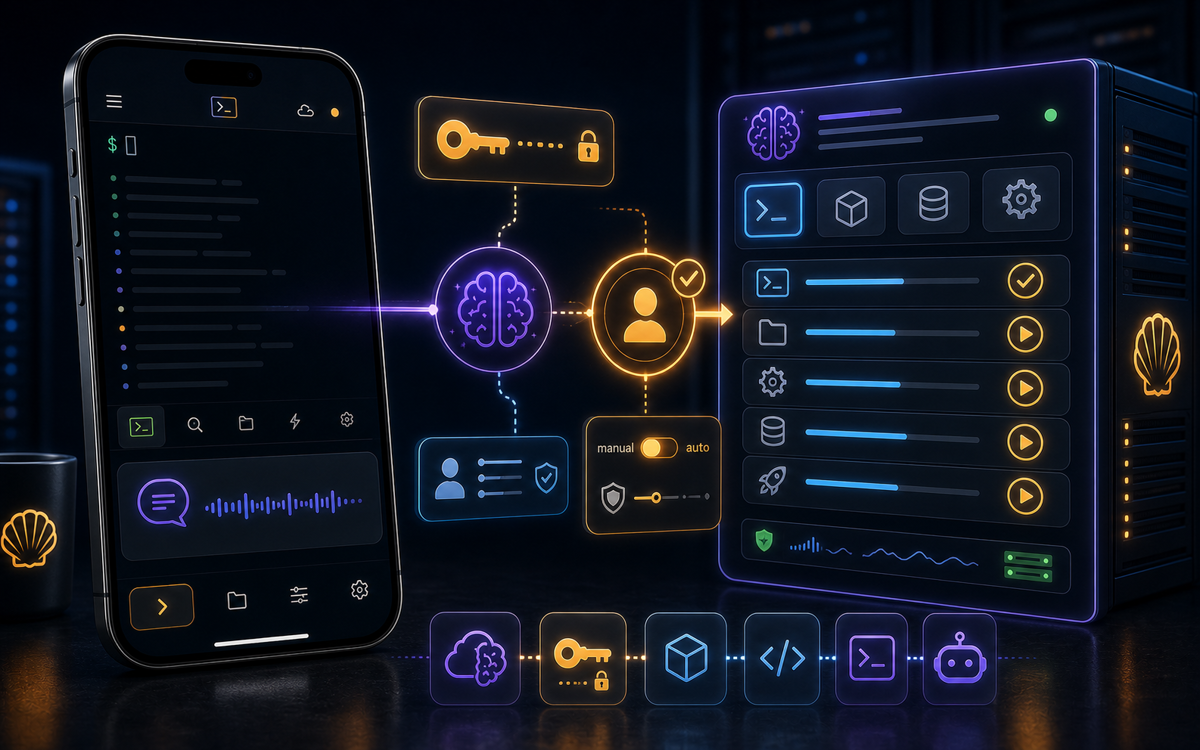 ShellSage AI server agent assisting mobile SSH workflow