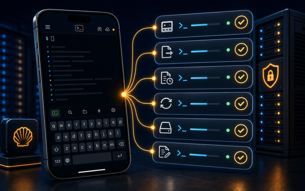 ShellSage mobile terminal showing essential SSH command workflow cards