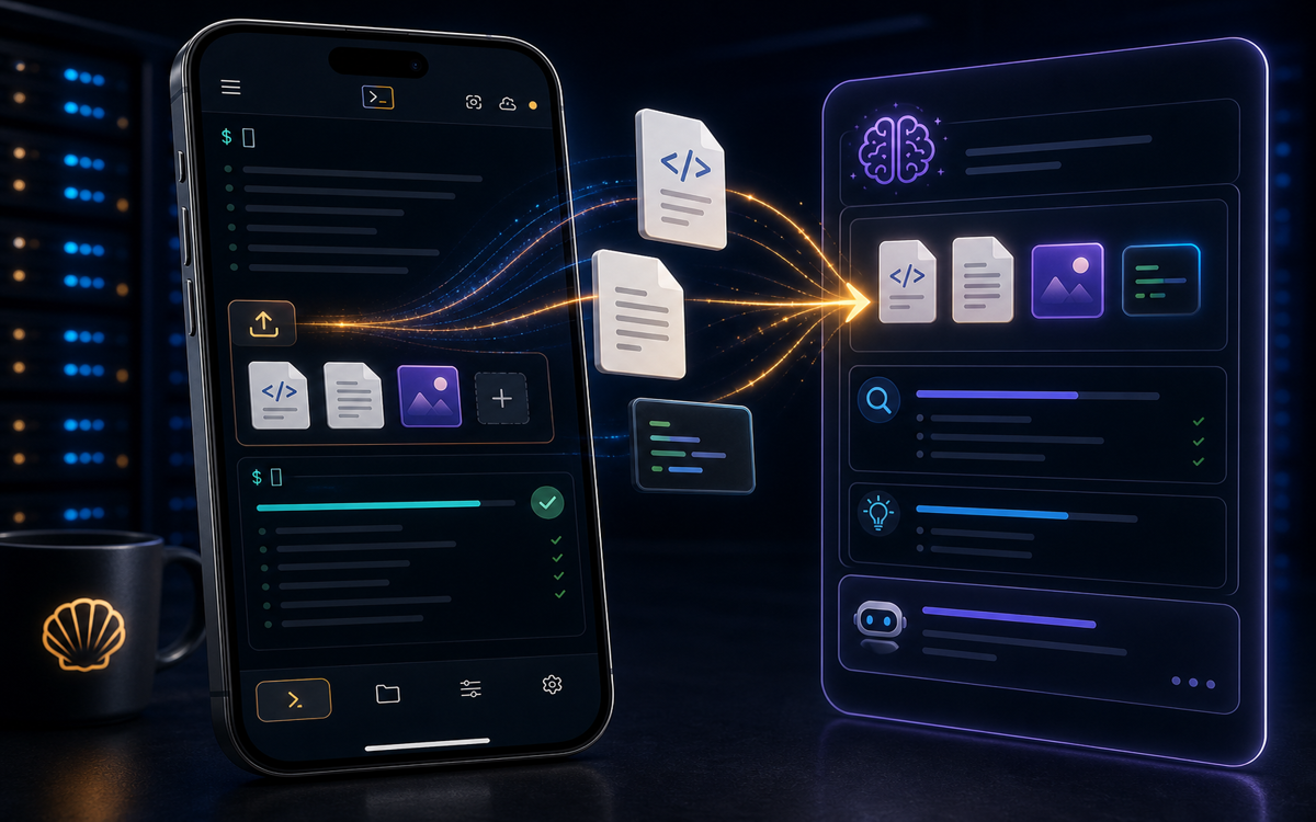 ShellSage mobile terminal uploading files into Sage AI reference context